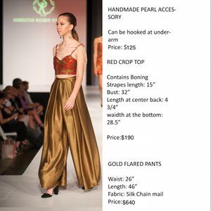 Red Crop Top paired with Gold Flared Pants and Pearl Accessory